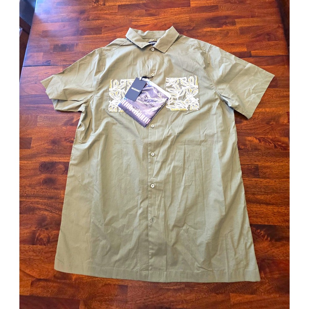 Murano XLT Big & Tall Green Solid Short Sleeve Cotton Button-Up Shirt Pocket 017